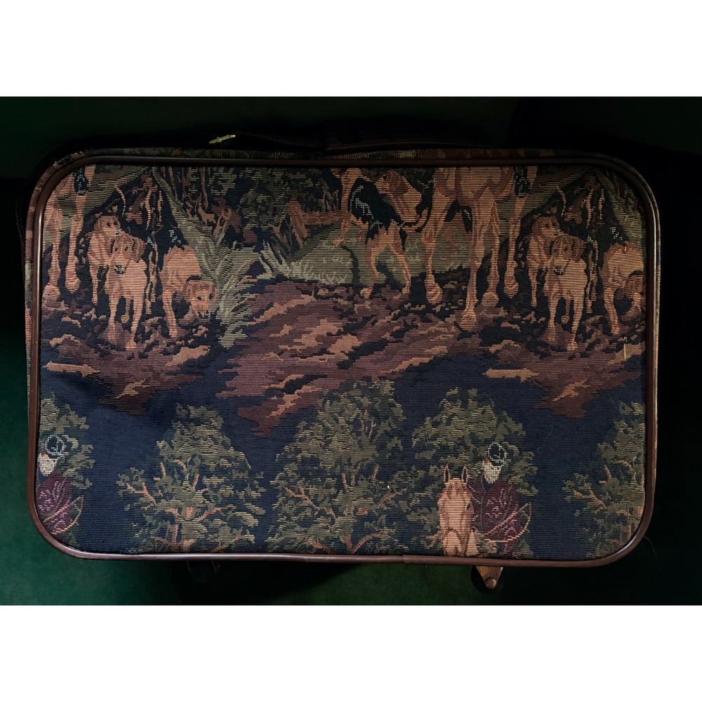 Vintage Tapestry Rolling Suitcase | Fox Hunt | Carry On Bag | Capizio |Brown Tan - Picture 10 of 16